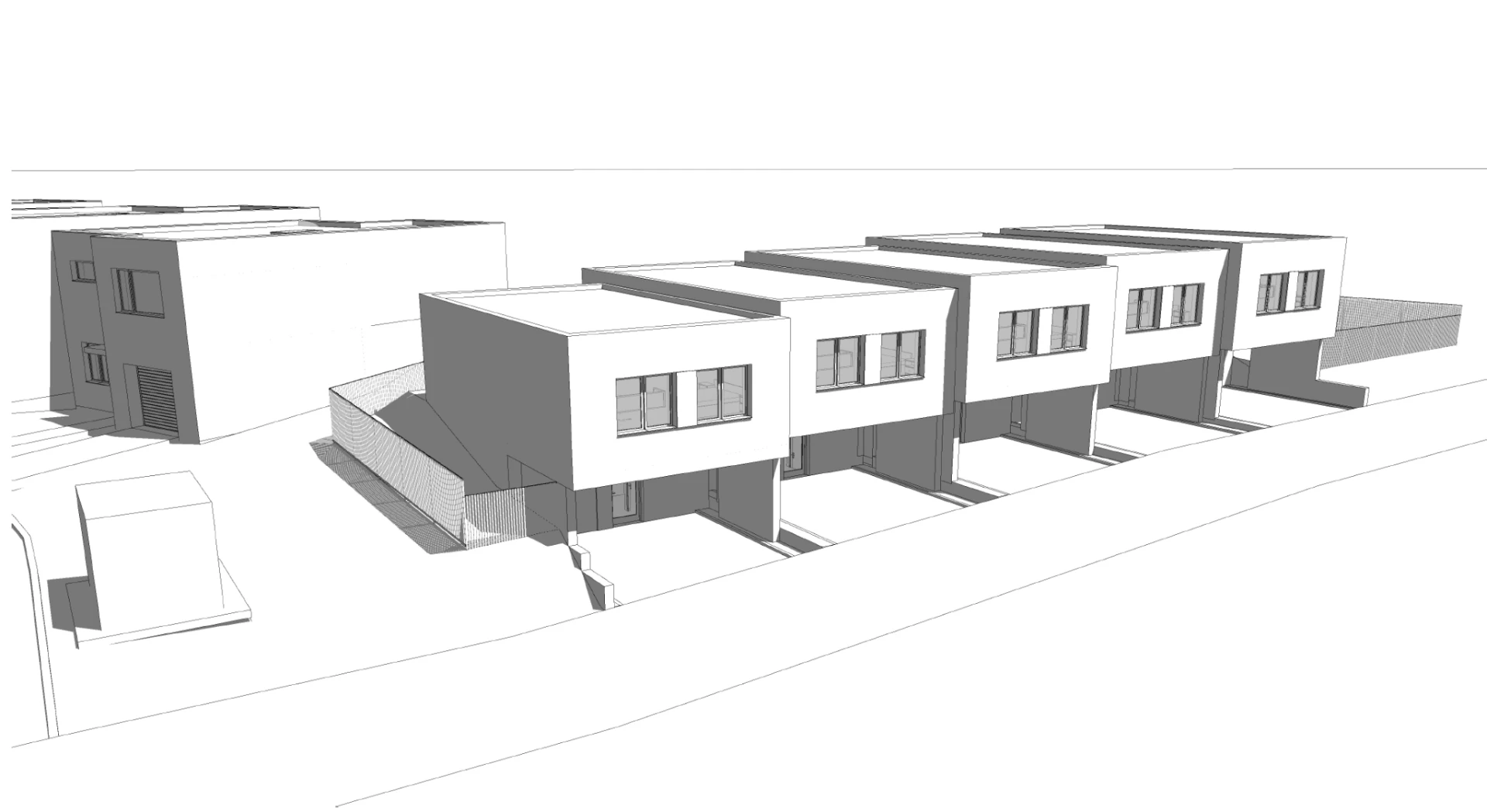 Architektonický model řady pěti domů 5RD s parkovacími stáními